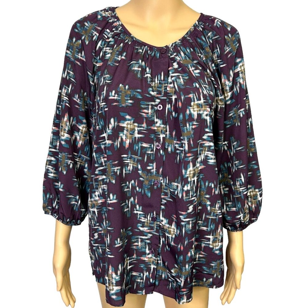 Attention Womens L Dark Purple Sheer 3/4 Elastic Sleeve Button Up Blouse Shirt